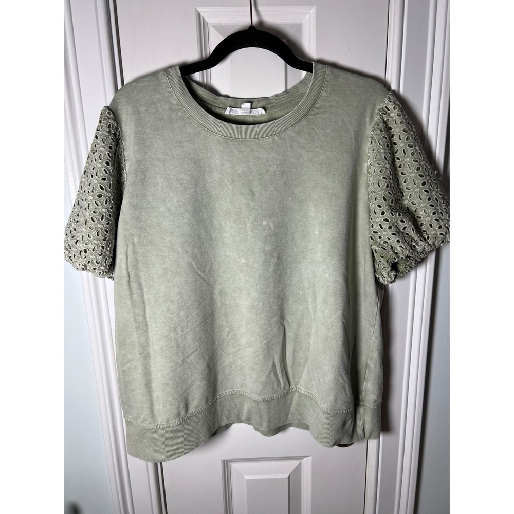 Jane + Delancey Sage Green Acid Wash Eyelet Lace Puff Sleeve Sweatshirt XL
